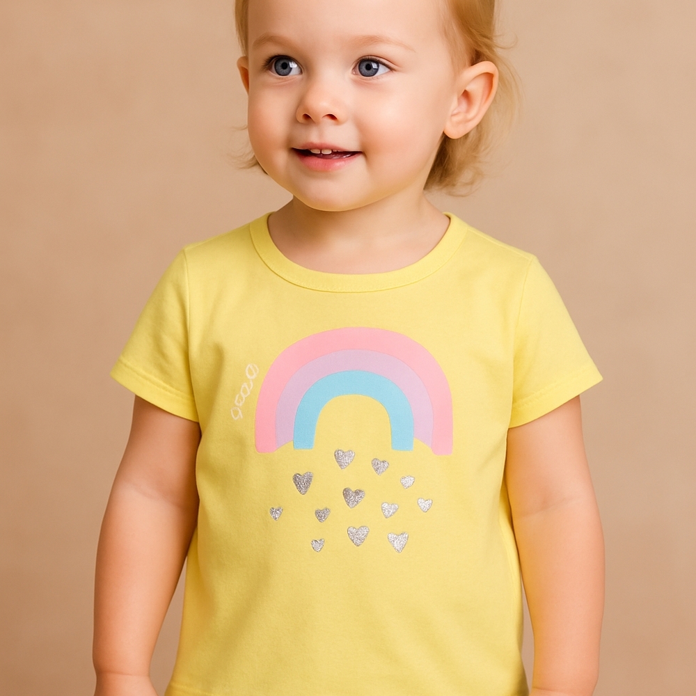 M8) Garanimals Toddler Girl 24M Yellow Rainbow Tee Glitter Hearts "Smile" Print